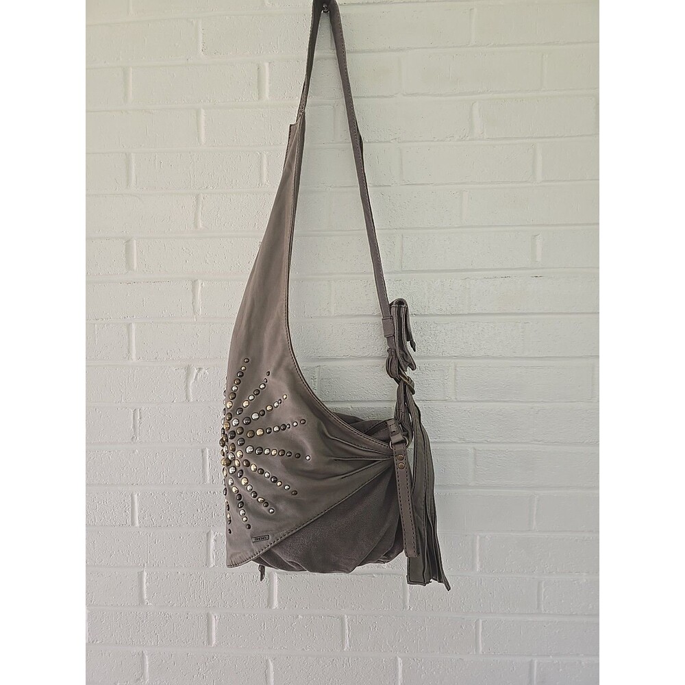 DIESEL Vintage Archive Studs Leather Cotton Shoulder Crossbody Bag Grey Y2K Rare - Picture 14 of 16